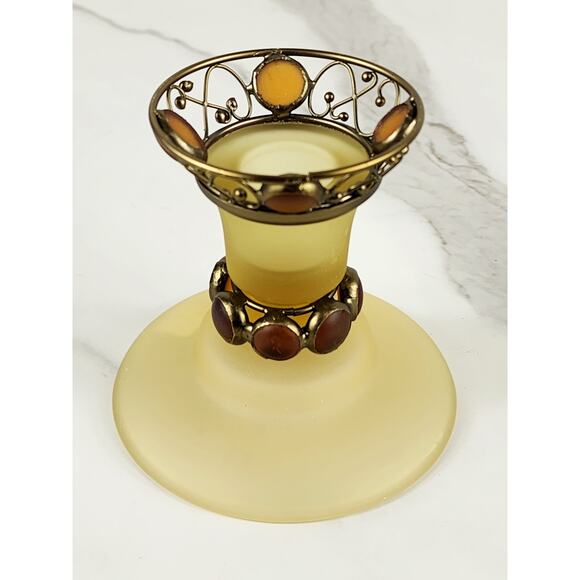 PartyLite Paris Retro Taper Candle Holder Yellow Frosted 3 3/4" Amber Jewel 80's - Picture 1 of 16